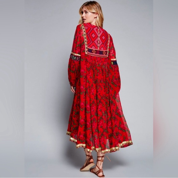 Free People Bold Blooms Red Rose V Neck Embroidered Maxi Dress XS - Picture 3 of 9